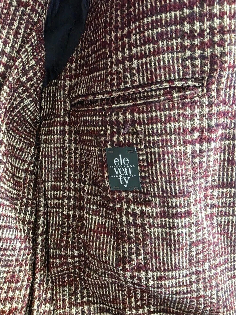 Eleventy Textured Plaid Blazer Prince of Wales Unlined size 50R Burgundy Maroon